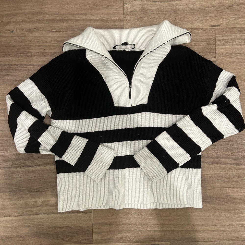 Marc New York Andrew Marc Striped Ribbed Knit Sweater Sweater half-zip collar